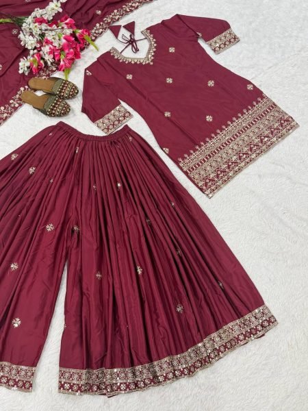 Smooth Maroon Natural Crepe Sequence Work Top And 5mm Embroidery Sharara Palazzo Set with Dupatta Ready To Wear Collection