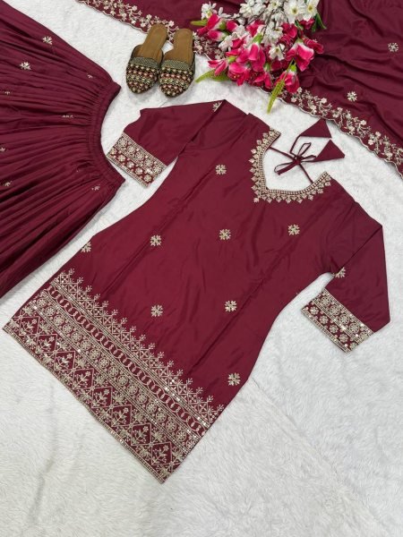 Smooth Maroon Natural Crepe Sequence Work Top And 5mm Embroidery Sharara Palazzo Set with Dupatta Ready To Wear Collection