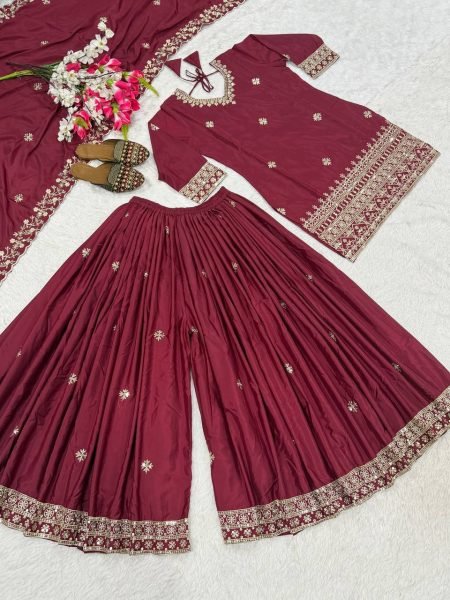 Smooth Maroon Natural Crepe Sequence Work Top And 5mm Embroidery Sharara Palazzo Set with Dupatta Ready To Wear Collection