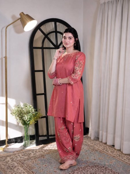 Smooth Texture Blush Pink Roman Silk Kurti And Farshi Plazzo Set With Thread Embroidery Work Ready To Wear Collection