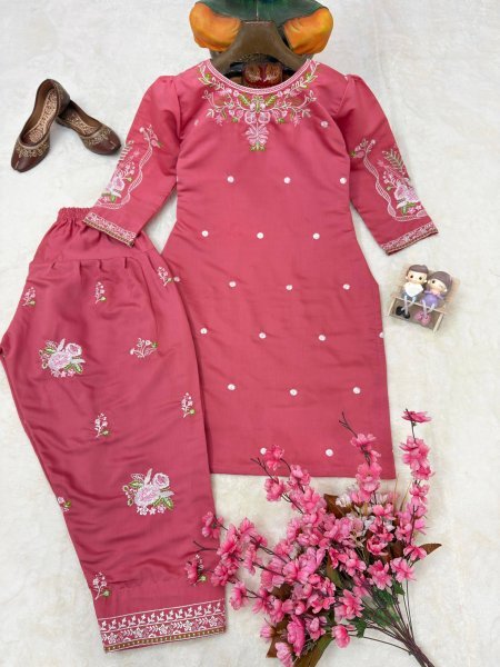Smooth Texture Blush Pink Roman Silk Kurti And Farshi Plazzo Set With Thread Embroidery Work Ready To Wear Collection