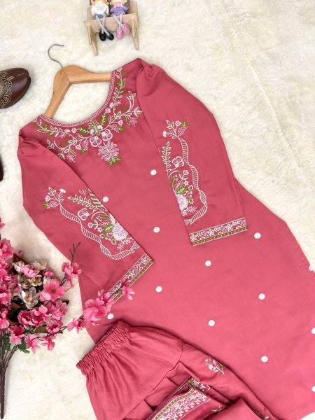 Smooth Texture Blush Pink Roman Silk Kurti And Farshi Plazzo Set With Thread Embroidery Work Ready To Wear Collection