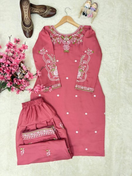 Smooth Texture Blush Pink Roman Silk Kurti And Farshi Plazzo Set With Thread Embroidery Work Ready To Wear Collection