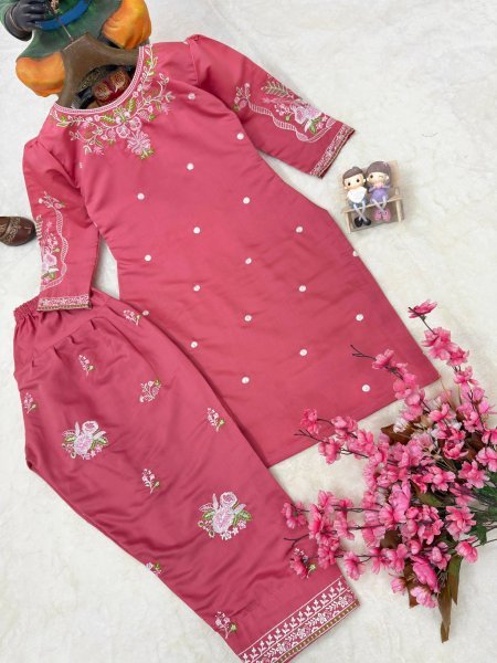 Smooth Texture Blush Pink Roman Silk Kurti And Farshi Plazzo Set With Thread Embroidery Work Ready To Wear Collection