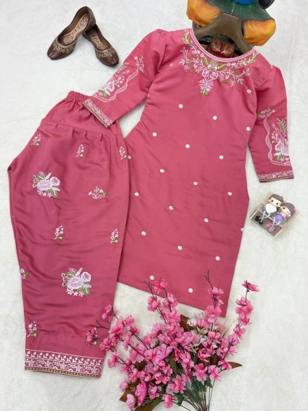 Smooth Texture Blush Pink Roman Silk Kurti And Farshi Plazzo Set With Thread Embroidery Work Ready To Wear Collection