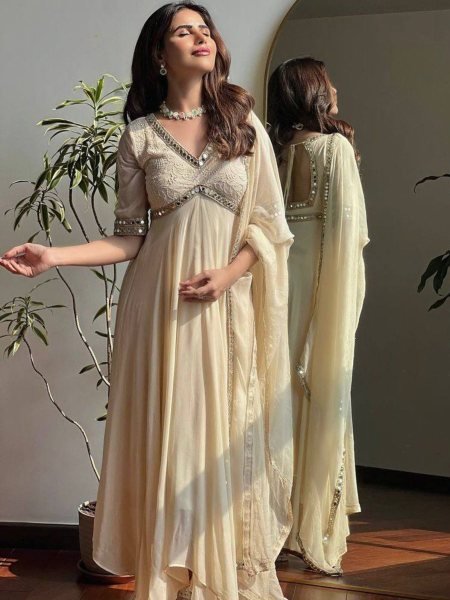 Soft Cream Georgette Chikankari Mirror Work 8 Meter Flair Anarkali Gown with Designer Dupatta for Modern Ethnic Look 
