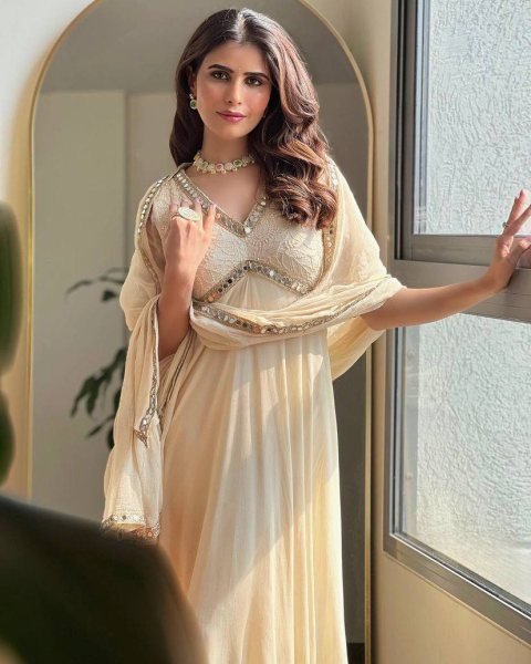 Soft Cream Georgette Chikankari Mirror Work 8 Meter Flair Anarkali Gown with Designer Dupatta for Modern Ethnic Look Ready To Wear Collection