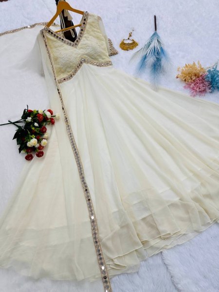 Soft Cream Georgette Chikankari Mirror Work 8 Meter Flair Anarkali Gown with Designer Dupatta for Modern Ethnic Look Ready To Wear Collection