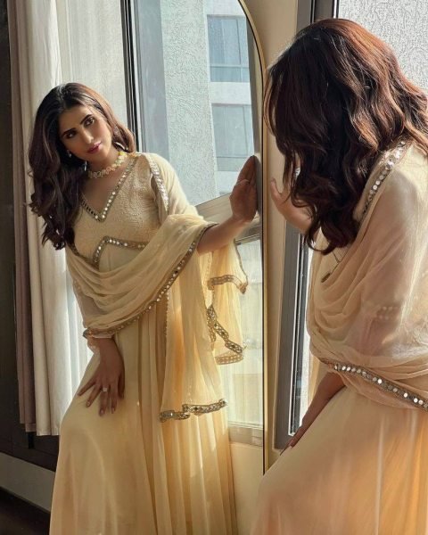 Soft Cream Georgette Chikankari Mirror Work 8 Meter Flair Anarkali Gown with Designer Dupatta for Modern Ethnic Look Ready To Wear Collection