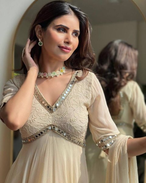 Soft Cream Georgette Chikankari Mirror Work 8 Meter Flair Anarkali Gown with Designer Dupatta for Modern Ethnic Look Ready To Wear Collection