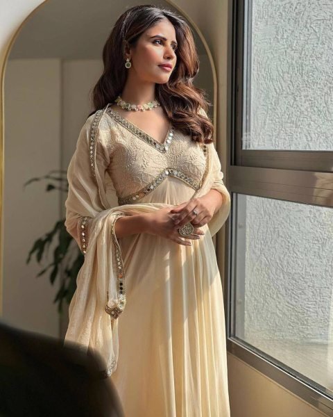 Soft Cream Georgette Chikankari Mirror Work 8 Meter Flair Anarkali Gown with Designer Dupatta for Modern Ethnic Look Ready To Wear Collection