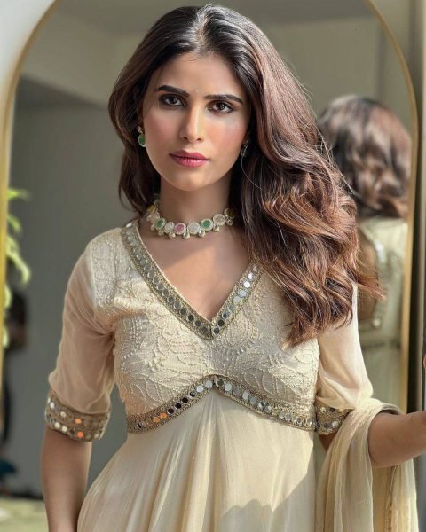 Soft Cream Georgette Chikankari Mirror Work 8 Meter Flair Anarkali Gown with Designer Dupatta for Modern Ethnic Look Ready To Wear Collection