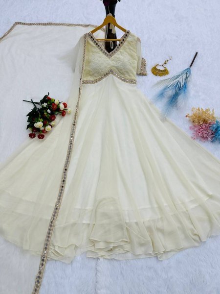 Soft Cream Georgette Chikankari Mirror Work 8 Meter Flair Anarkali Gown with Designer Dupatta for Modern Ethnic Look Ready To Wear Collection