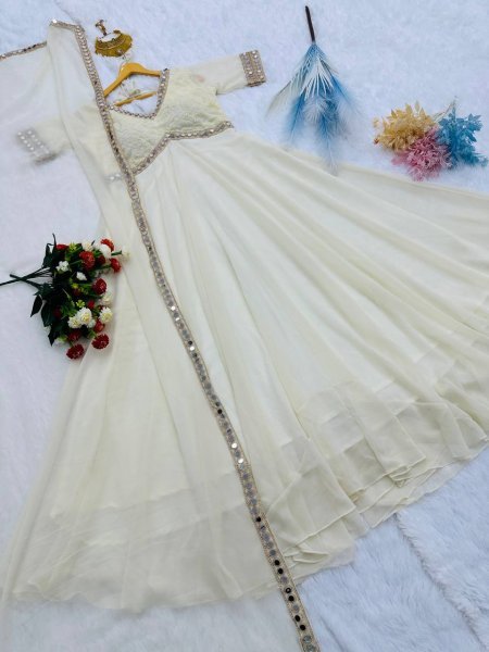 Soft Cream Georgette Chikankari Mirror Work 8 Meter Flair Anarkali Gown with Designer Dupatta for Modern Ethnic Look Ready To Wear Collection