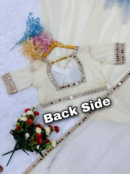 Soft Cream Georgette Chikankari Mirror Work 8 Meter Flair Anarkali Gown with Designer Dupatta for Modern Ethnic Look Ready To Wear Collection