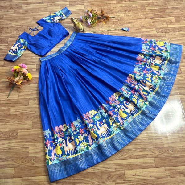 Soft Handloom Silk With Designer Kalamkari Printed-Work Lehenga Choli  Girls Wear
