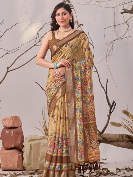 Soft Linen Cotton Floral Digital Print Saree For Daily Wear 