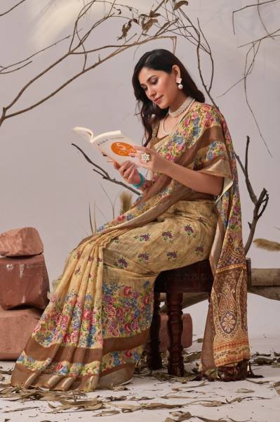 Soft Linen Cotton Floral Digital Print Saree For Daily Wear Linen Sarees Wholesale