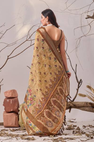 Soft Linen Cotton Floral Digital Print Saree For Daily Wear Linen Sarees Wholesale