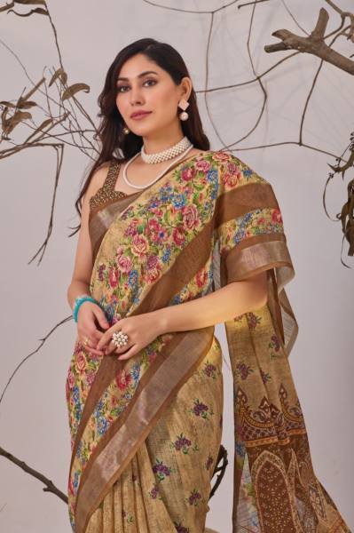 Soft Linen Cotton Floral Digital Print Saree For Daily Wear Linen Sarees Wholesale