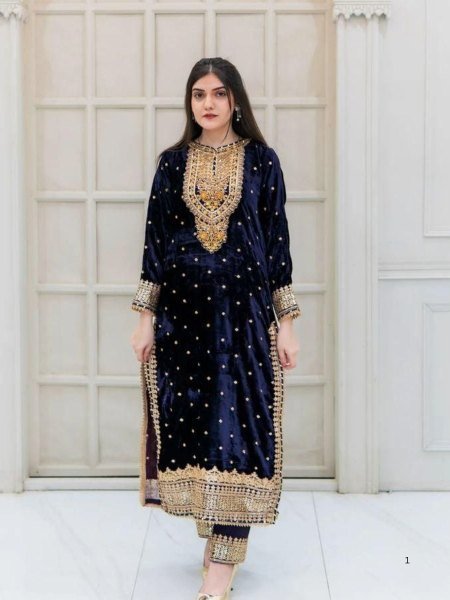 Soft Navy Blue Color Velvet Georgette Embroidery Sequence Salwar Suit