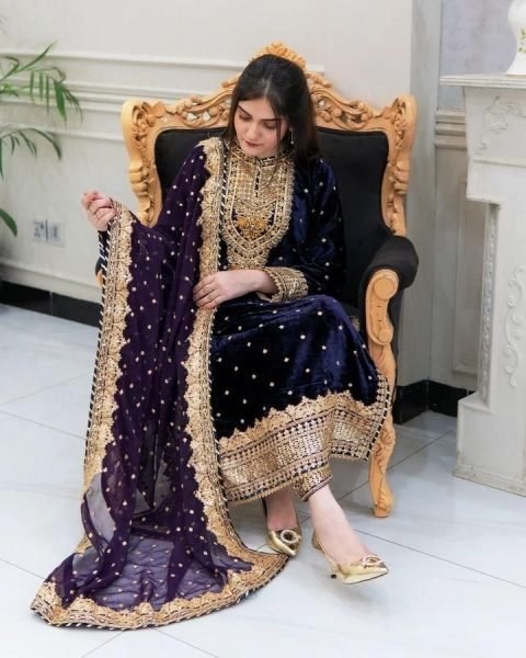 Soft Navy Blue Color Velvet Georgette Embroidery Sequence Salwar Suit Ready To Wear Collection