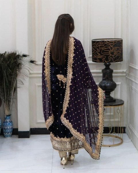 Soft Navy Blue Color Velvet Georgette Embroidery Sequence Salwar Suit Ready To Wear Collection