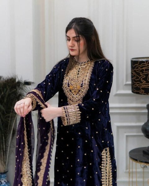 Soft Navy Blue Color Velvet Georgette Embroidery Sequence Salwar Suit Ready To Wear Collection