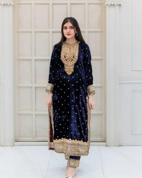 Soft Navy Blue Color Velvet Georgette Embroidery Sequence Salwar Suit Ready To Wear Collection