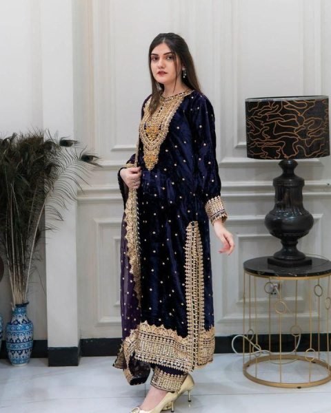 Soft Navy Blue Color Velvet Georgette Embroidery Sequence Salwar Suit Ready To Wear Collection
