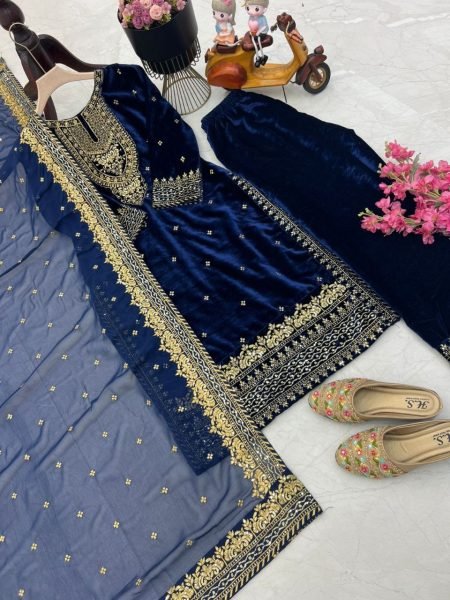 Soft Navy Blue Color Velvet Georgette Embroidery Sequence Salwar Suit Ready To Wear Collection