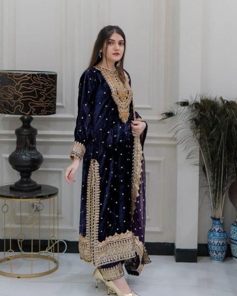 Soft Navy Blue Color Velvet Georgette Embroidery Sequence Salwar Suit Ready To Wear Collection