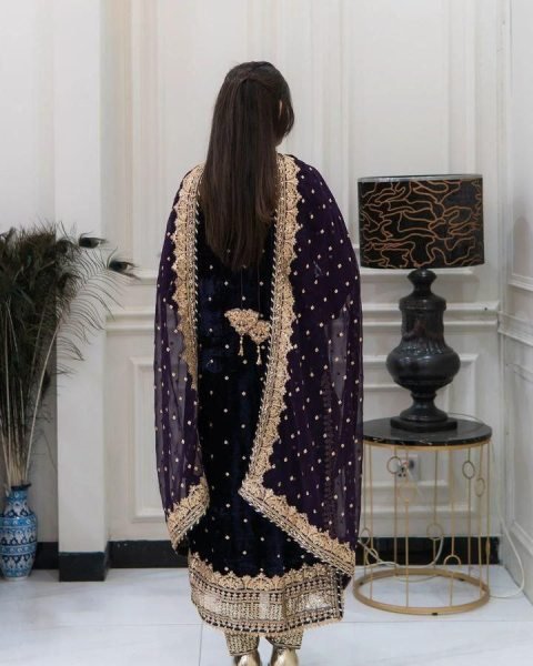 Soft Navy Blue Color Velvet Georgette Embroidery Sequence Salwar Suit Ready To Wear Collection