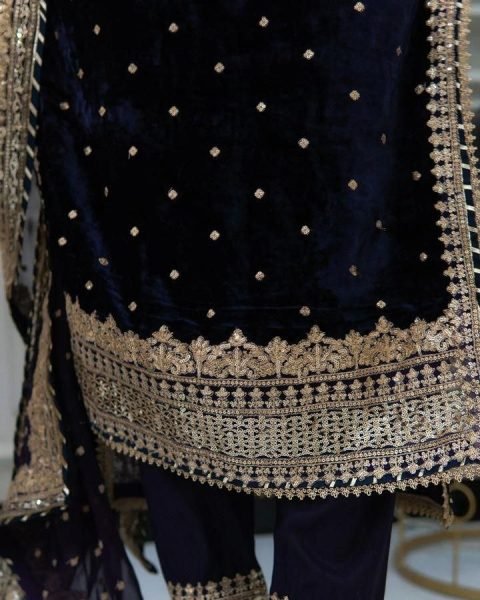 Soft Navy Blue Color Velvet Georgette Embroidery Sequence Salwar Suit Ready To Wear Collection