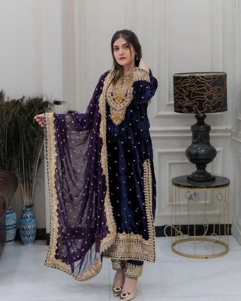 Soft Navy Blue Color Velvet Georgette Embroidery Sequence Salwar Suit Ready To Wear Collection