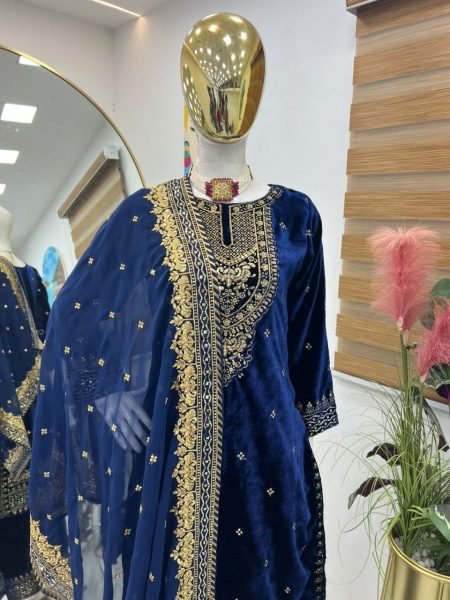 Soft Navy Blue Color Velvet Georgette Embroidery Sequence Salwar Suit Ready To Wear Collection