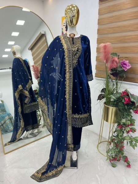 Soft Navy Blue Color Velvet Georgette Embroidery Sequence Salwar Suit Ready To Wear Collection