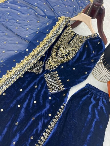 Soft Navy Blue Color Velvet Georgette Embroidery Sequence Salwar Suit Ready To Wear Collection