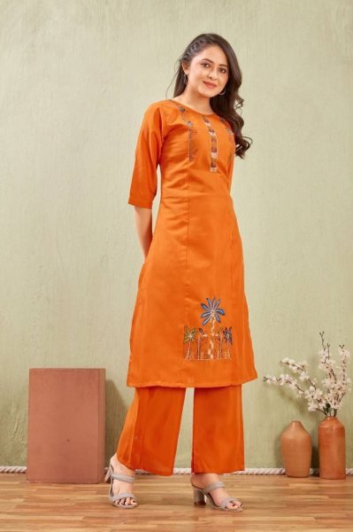 Soft Orange Cotton Kurti Set with Elegant Embroidery for Casual Styling Cotton Kurtis Wholesale