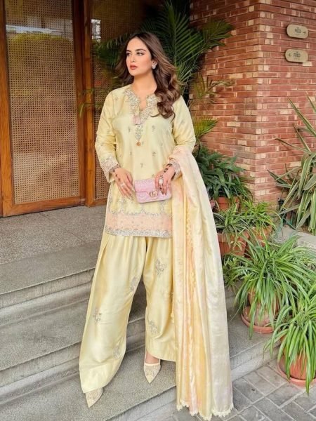 Soft Pastel Buttery Yellow Heavy Embroidered  Wear Farshi Plazzo Suit For Women Ready To Wear Suit