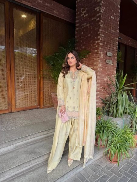 Soft Pastel Buttery Yellow Heavy Embroidered  Wear Farshi Plazzo Suit For Women Ready To Wear Collection