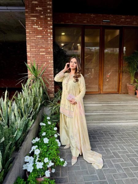 Soft Pastel Buttery Yellow Heavy Embroidered  Wear Farshi Plazzo Suit For Women Ready To Wear Collection
