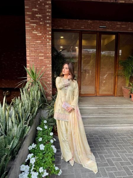 Soft Pastel Buttery Yellow Heavy Embroidered  Wear Farshi Plazzo Suit For Women Ready To Wear Collection