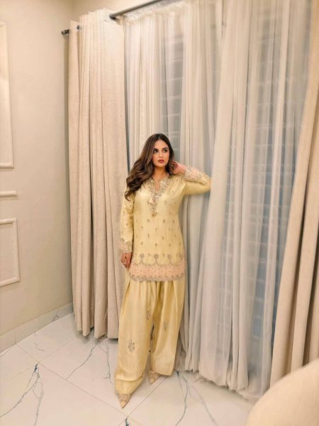 Soft Pastel Buttery Yellow Heavy Embroidered  Wear Farshi Plazzo Suit For Women Ready To Wear Collection