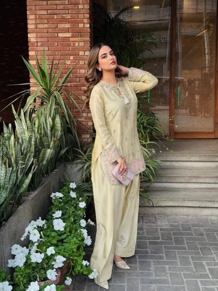 Soft Pastel Buttery Yellow Heavy Embroidered  Wear Farshi Plazzo Suit For Women Ready To Wear Collection