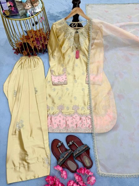 Soft Pastel Buttery Yellow Heavy Embroidered  Wear Farshi Plazzo Suit For Women Ready To Wear Collection