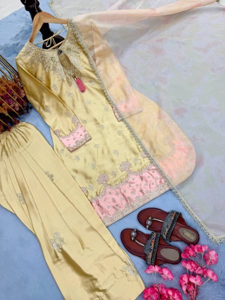 Soft Pastel Buttery Yellow Heavy Embroidered  Wear Farshi Plazzo Suit For Women Ready To Wear Collection
