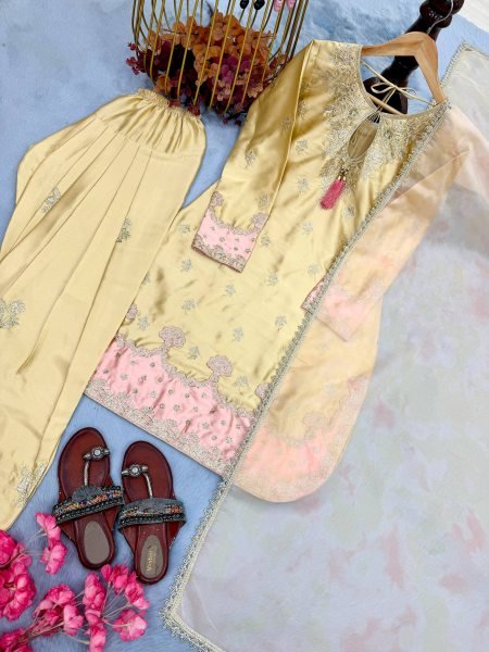 Soft Pastel Buttery Yellow Heavy Embroidered  Wear Farshi Plazzo Suit For Women Ready To Wear Collection