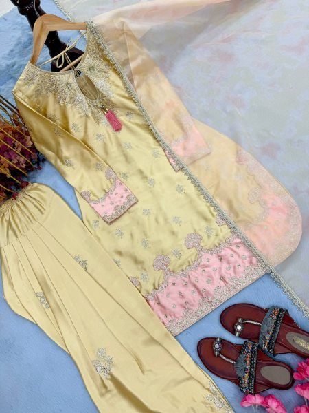 Soft Pastel Buttery Yellow Heavy Embroidered  Wear Farshi Plazzo Suit For Women Ready To Wear Collection