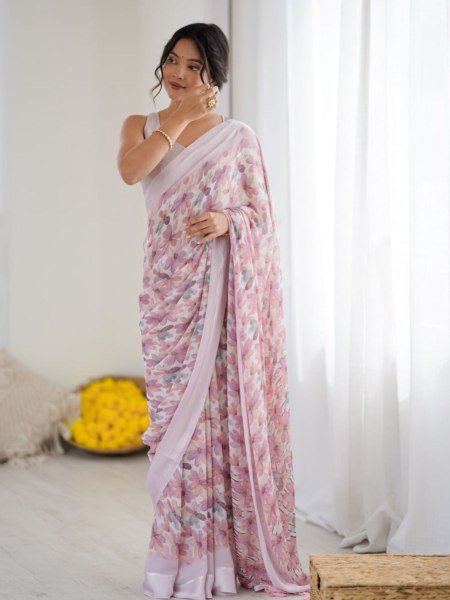 Soft Pink Moss Satin Printed Saree with Contrast Blouse Party Look Sarees 